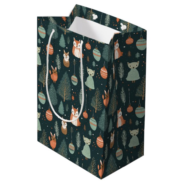 Cute Sage Green Winter Woodland Foxes Christmas  Medium Gift Bag (Back Angled)