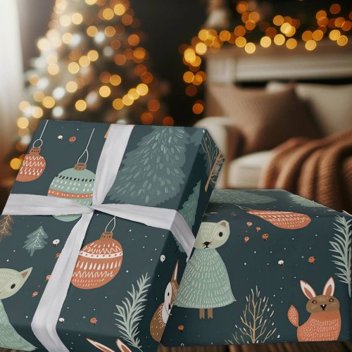 Cute Sage Green Winter Woodland Foxes Christmas  Wrapping Paper