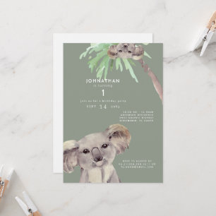 Cute Sage Koala Bear 1st Birthday Party Invitation