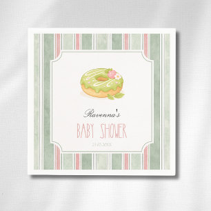 Cute Sage Stripe Matcha Donut For Girl Baby Shower Napkins