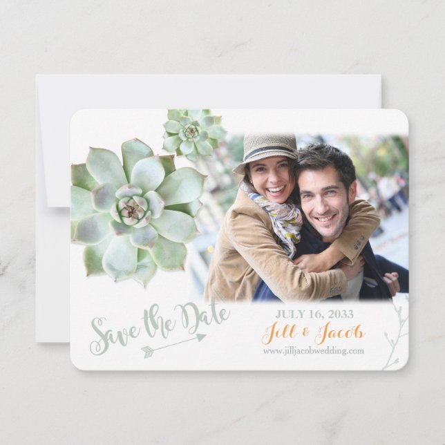 Cute Sage Succulents Wedding Photo Save the Date (Front)