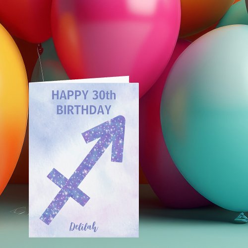 Cute Sagittarius Sign Custom Purple Happy Birthday Card