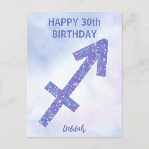 Cute Sagittarius Sign Custom Purple Happy Birthday Postcard