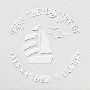 Cute Sailboat #2 Nautical Round Library Book Name Embosser