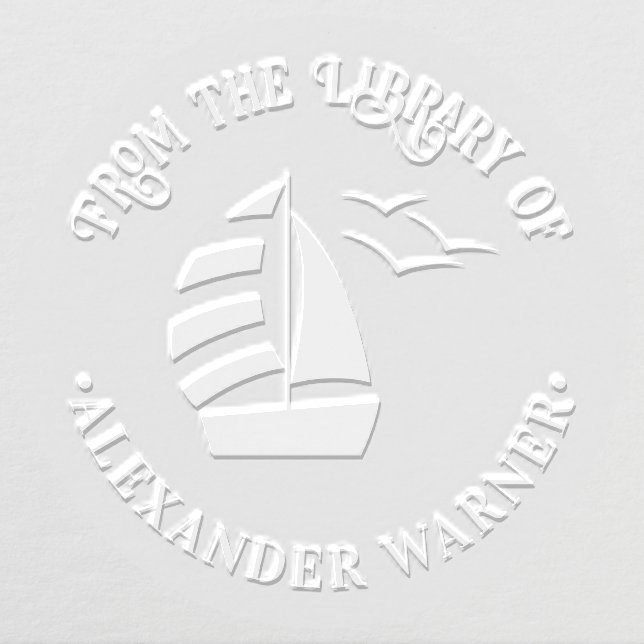 Cute Sailboat #2 Nautical Round Library Book Name Embosser (Design)