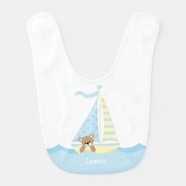 Cute Sailboat Bear Personalized Baby Bib (Front)