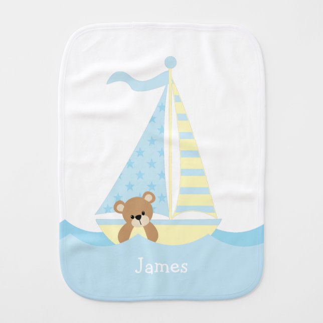 Cute Sailboat Bear Personalized Baby Burp Cloth (Front)