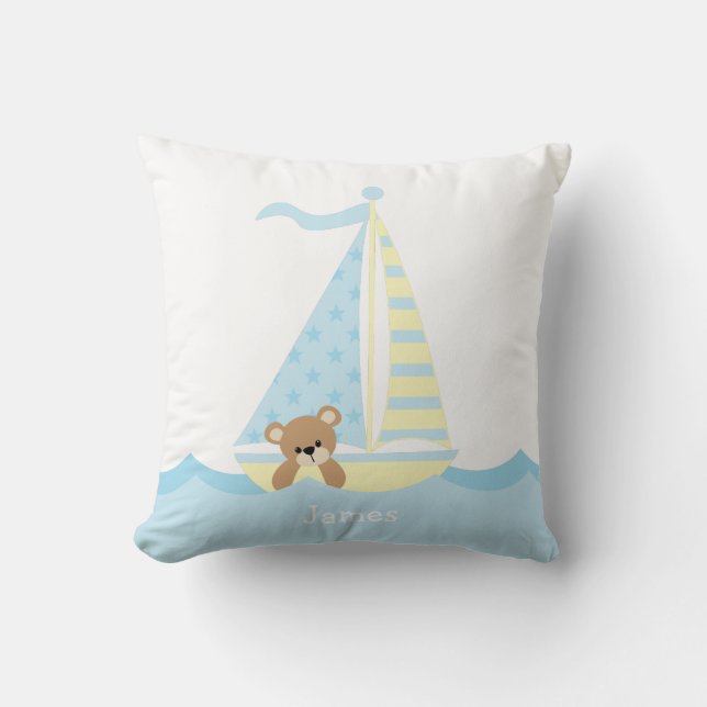 Cute Sailboat Bear Personalized Nursery Throw Pillow (Front)