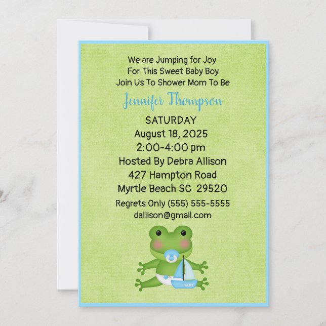 Cute Sailboat Frog Baby Boy Shower Invitation (Front)