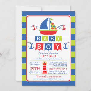 Cute Sailboat Nautical Boy Baby Shower Invitation