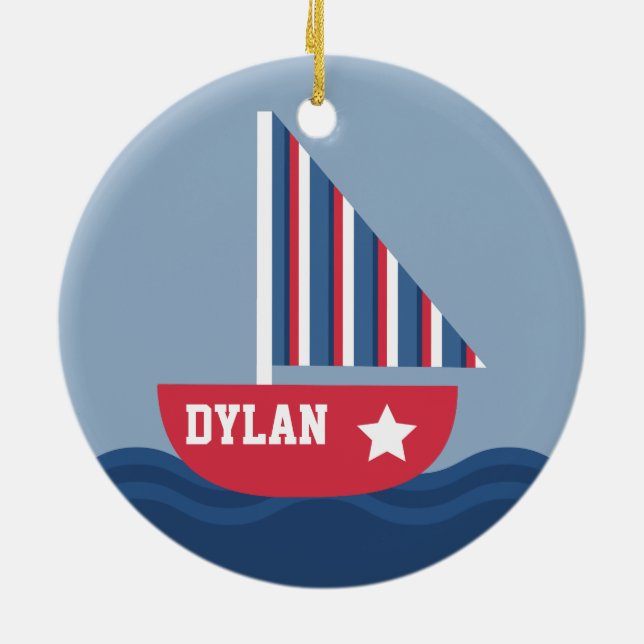Cute Sailboat Nautical For Kids Ceramic Ornament (Back)