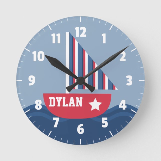 Cute Sailboat Nautical For Kids Room Round Clock (Front)