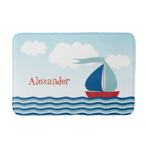 Cute Sailboat on Water, Personalized Nautical Bath Mat