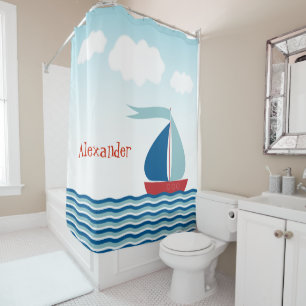 Cute Sailboat on Water, Personalized Nautical Shower Curtain