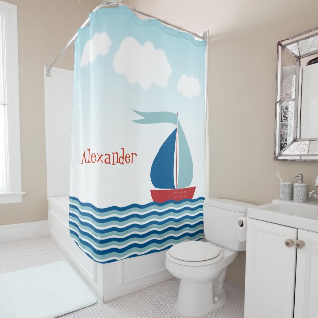 Cute Sailboat on Water, Personalized Nautical Shower Curtain (In Situ)