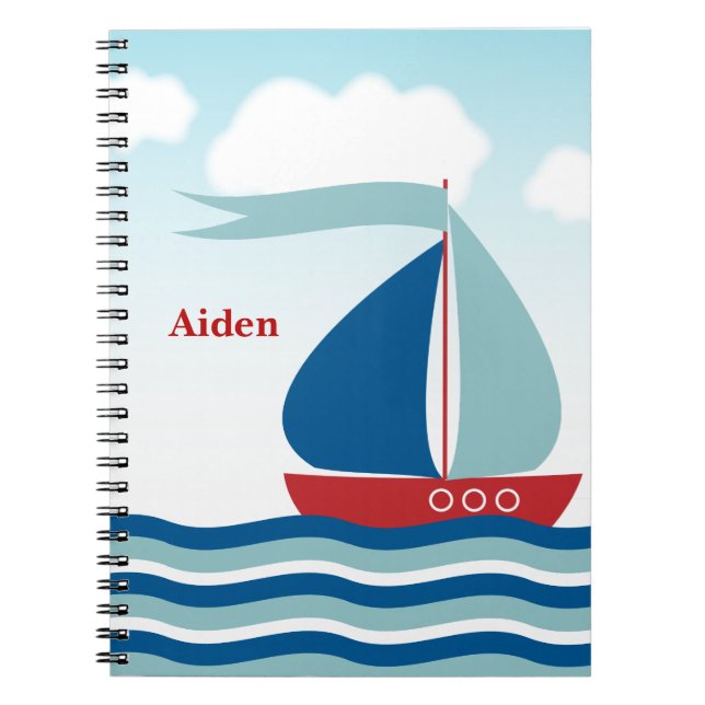 Cute Sailboat on Water Waves Monogram Notebook (Front)