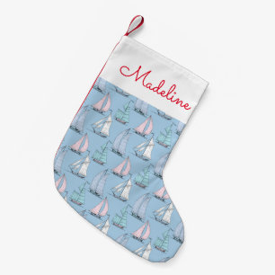 Cute Sailboat Pattern Add Your Name Small Christmas Stocking