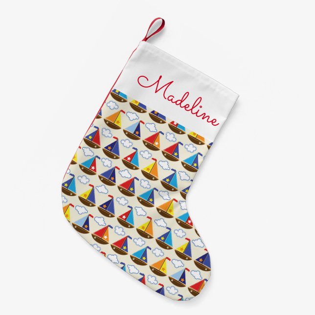 Cute Sailboat Pattern | Add Your Name Small Christmas Stocking (Front (Hanging))