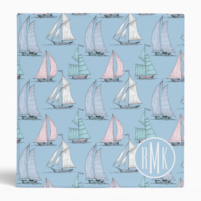Cute Sailboat Pattern | Monogram 3 Ring Binder (Front)