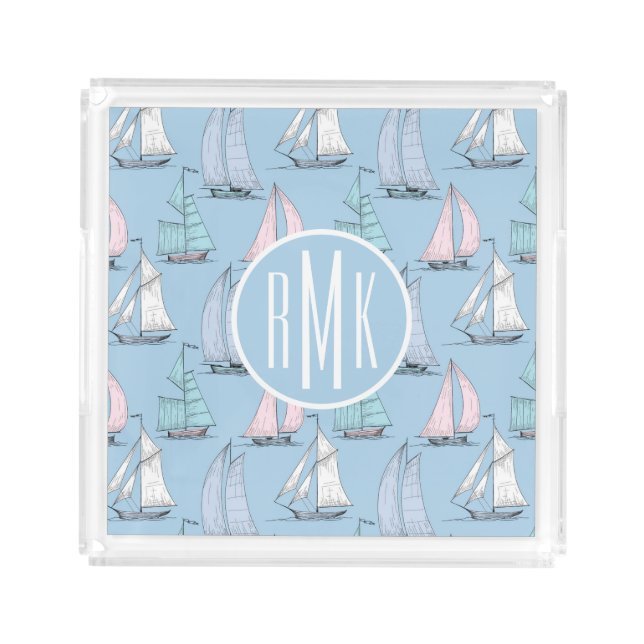 Cute Sailboat Pattern | Monogram Acrylic Tray (Front)