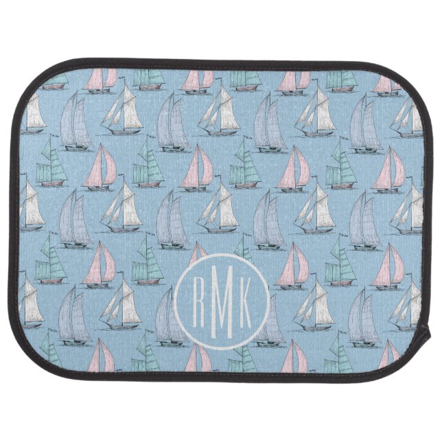 Cute Sailboat Pattern | Monogram Car Floor Mat (Rear)