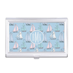 Cute Sailboat Pattern Monogram Case For Business Cards