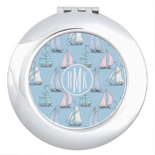 Cute Sailboat Pattern Monogram Compact Mirror