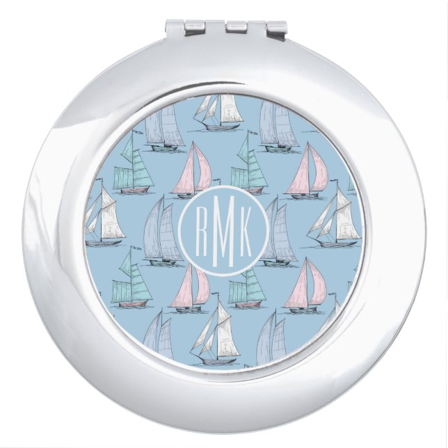 Cute Sailboat Pattern | Monogram Compact Mirror (Front)