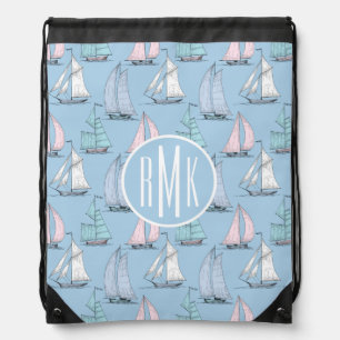 Cute Sailboat Pattern   Monogram Drawstring Bag
