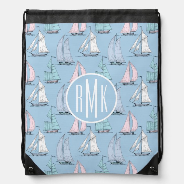 Cute Sailboat Pattern | Monogram Drawstring Bag (Front)