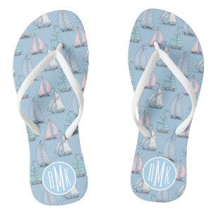 Cute Sailboat Pattern   Monogram Flip Flops