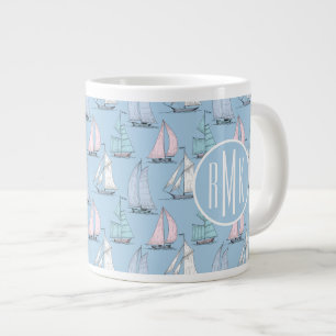 Cute Sailboat Pattern Monogram Giant Coffee Mug