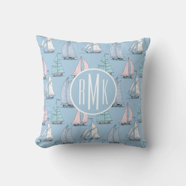 Cute Sailboat Pattern | Monogram Throw Pillow (Front)