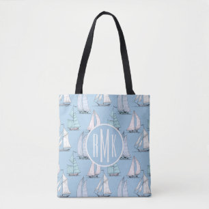 Cute Sailboat Pattern   Monogram Tote Bag