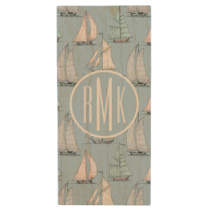 Cute Sailboat Pattern   Monogram Wood Flash Drive