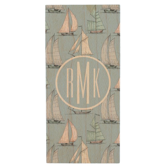 Cute Sailboat Pattern | Monogram Wood Flash Drive (Front Vertical)