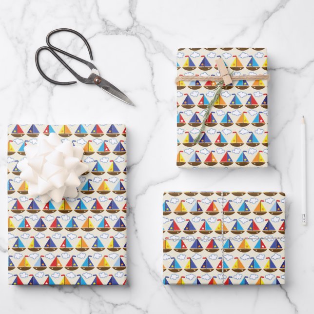 Cute Sailboat Pattern Wrapping Paper Sheets (Front)