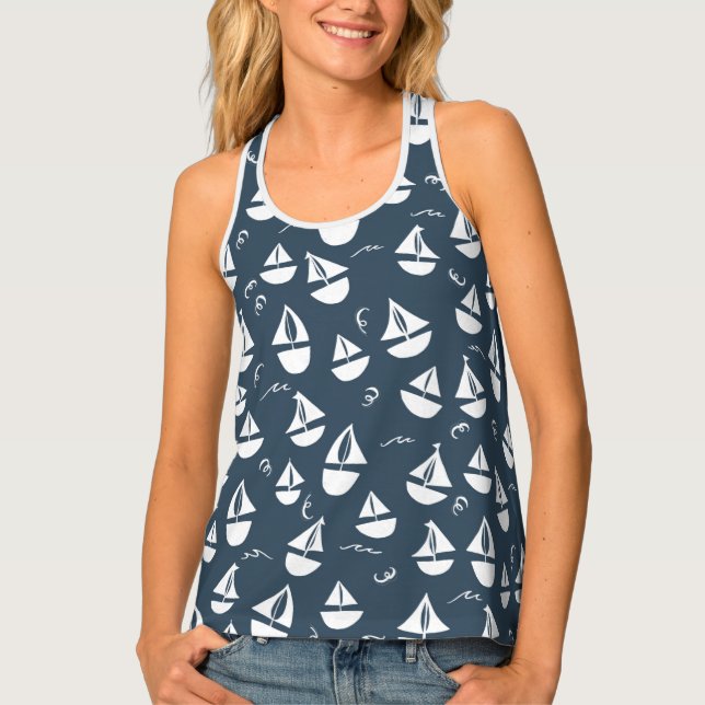Cute Sailboats Boats Pattern Blue Tank Top (Front)