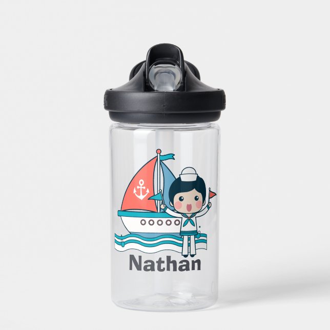 Cute Sailor and Boat Personalised Water Bottle (Front)