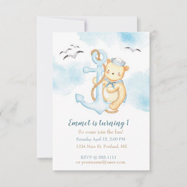 Cute sailor bear baby birthday party custom invitation (Front)