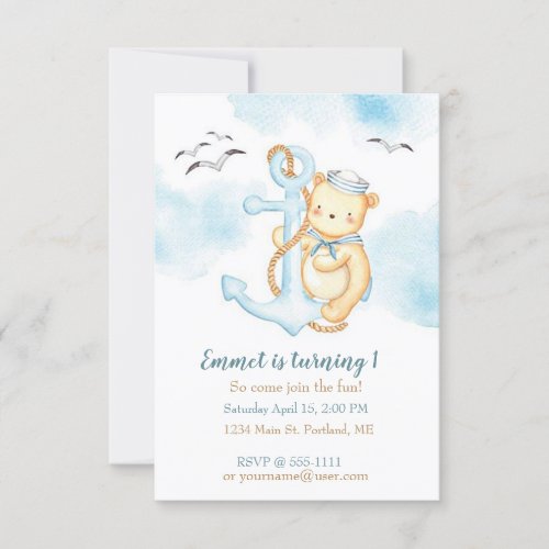 Cute sailor bear baby birthday party custom invitation
