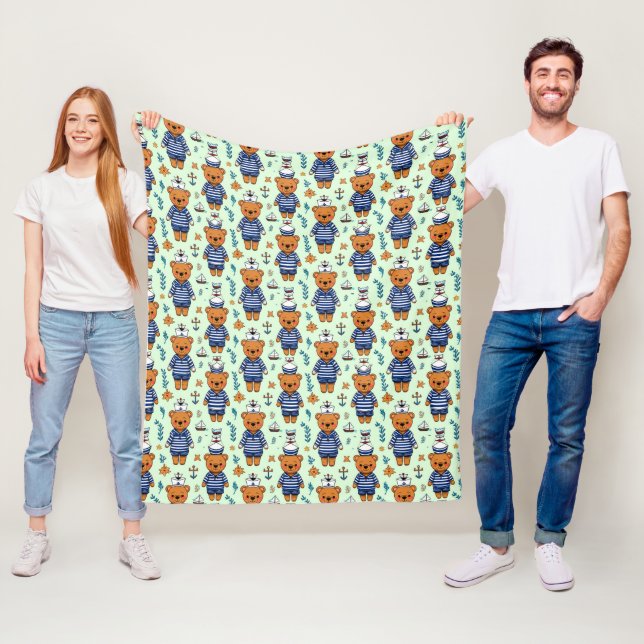 Cute Sailor Bear Pattern With Navy Stripes Fleece Blanket (In Situ)