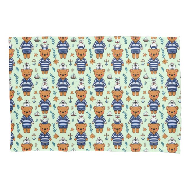 Cute Sailor Bear Pattern With Navy Stripes Pillow Case (Front)
