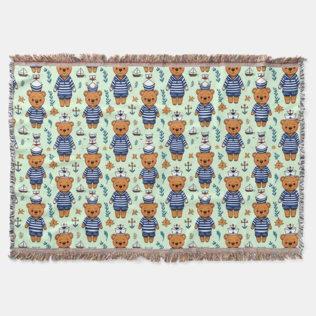 Cute Sailor Bear Pattern With Navy Stripes Throw Blanket (Front)