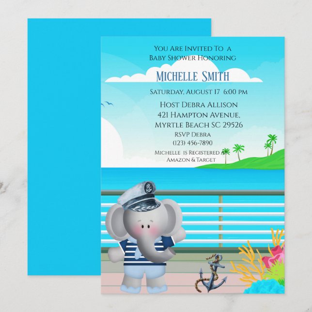 Cute Sailor Elephant Baby Shower Invitation (Front/Back)