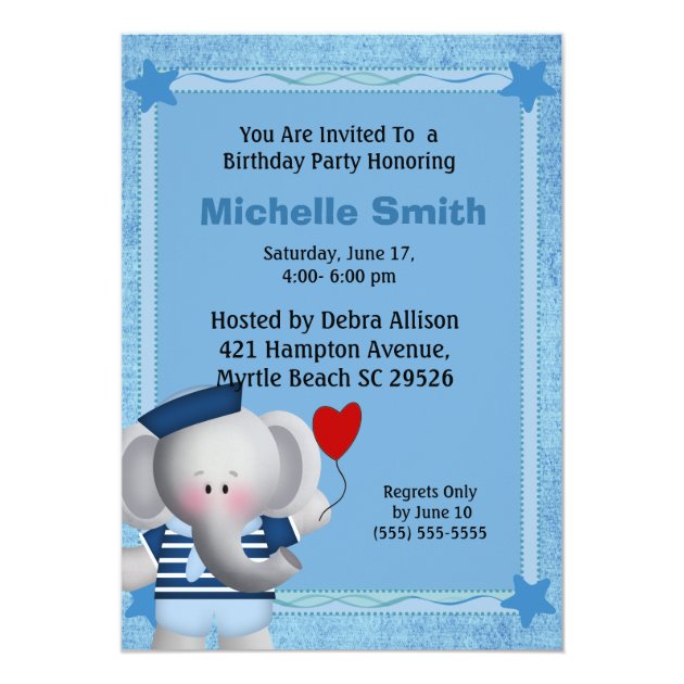 Cute Sailor Elephant Birthday Invitation