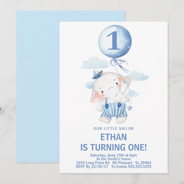  Cute Sailor Elephant Boy 1st Birthday Party  Invitation (Front/Back)