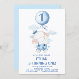Cute Sailor Elephant Boy 1st Birthday Party Invitation