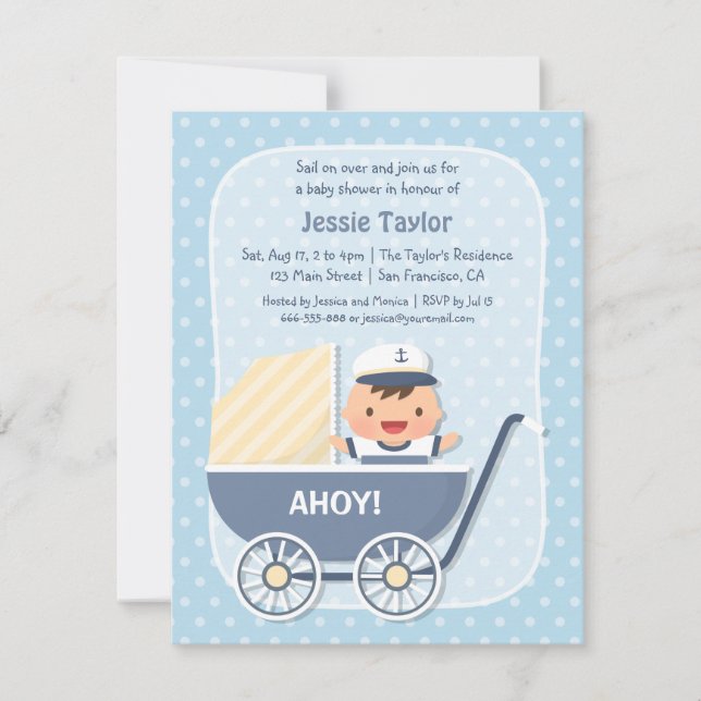 Cute Sailor in Stroller, Nautical Baby Shower Invitation (Front)