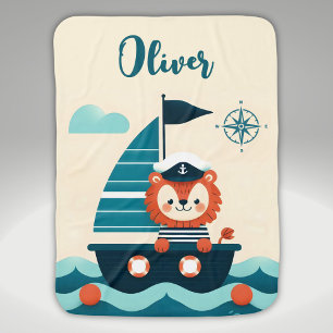 Cute Sailor Lion on Sailboat Baby Blanket